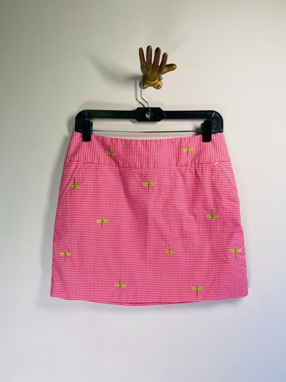 J. Crew Pink & White Gingham Skirt With Embroidered Green Dragonflies Size 4